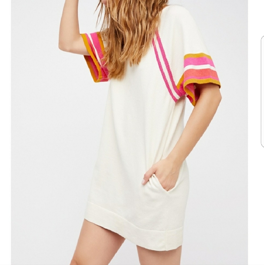 Free People White Dress with Pink and Orange Striped Sleeves